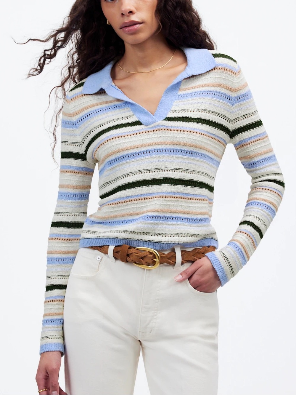 NWT Madewell Textural-Stitch Johnny Collar Sweater Peri Blue Multi Stripe Size M